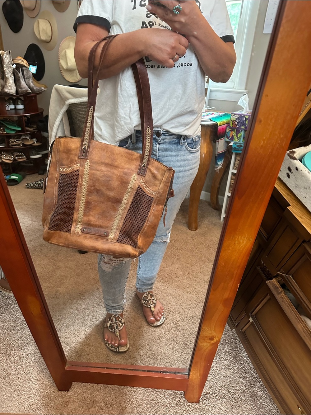 Bed Stu Brown Tan Woven Leather Tote - Picture 9 of 12